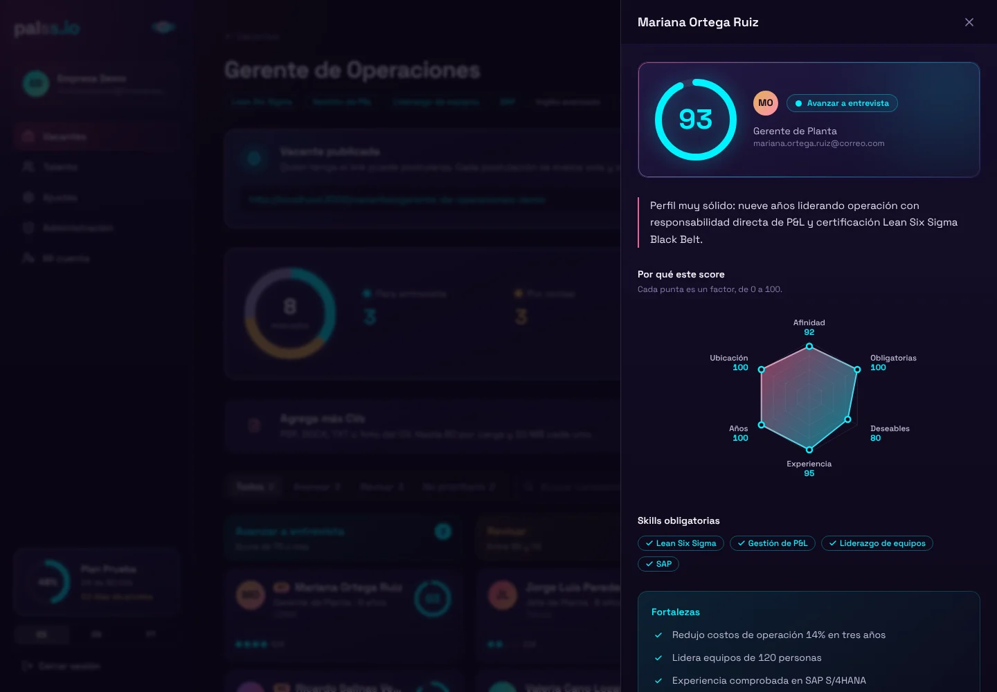 Detalle de un candidato con radar de factores y por qué tiene ese score