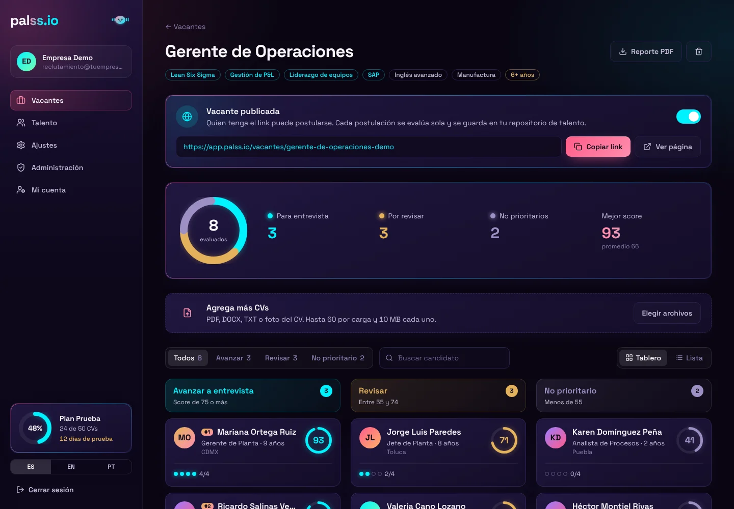 Ranking de candidatos por vacante en palss.io