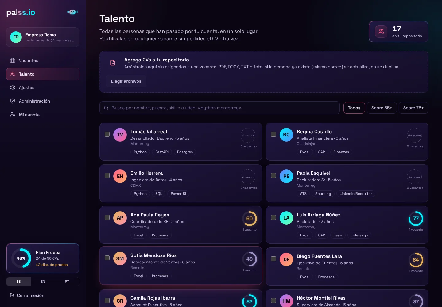 Repositorio de talento con todas las personas evaluadas