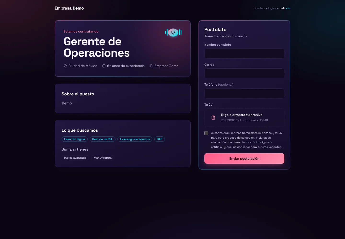 Página pública de una vacante para recibir postulaciones